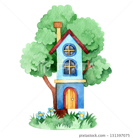 Cute tree house. Watercolor illustration for children. Clip art 131397075