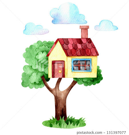 Cute tree house. Watercolor illustration for children. Clip art 131397077