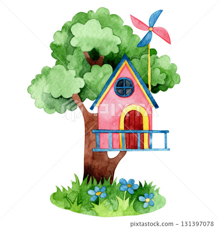 Cute tree house. Watercolor illustration for children. Clip art 131397078