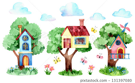 A collection of cute tree houses. Watercolor illustrations for children. 131397080