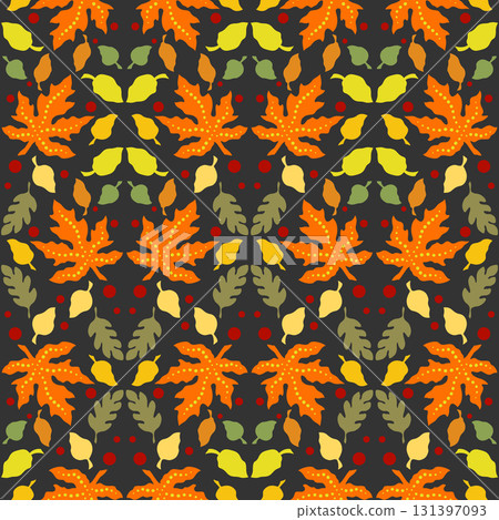 Autumn seamless pattern of orange maple leaves. Multicolored floral ornament on dark gray background Autumn seamless pattern of orange maple leaves. Multicolored floral ornament on dark gray background 131397093