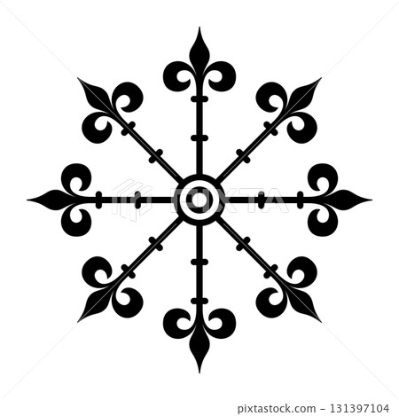 Escarbuncle, symbol in heraldry. Also carbuncle, a heraldic charge, consisting of 8 rods or spokes, 4 making a common cross, the other 4 a saltire, at the ends a fleur-de-lis. Black and white. Vector Escarbuncle, symbol in heraldry. Also carbuncle, a heraldic charge, consisting of 8 rods or spokes, 4 making a common cross, the other 4 a saltire, at the ends a fleur-de-lis. Black and white. Vector 131397104