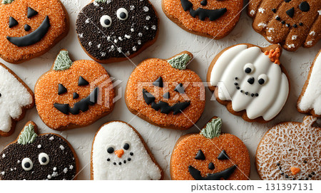 Halloween pumpkin cookie with spooky icing decoration Halloween pumpkin cookie with spooky icing decoration 131397131