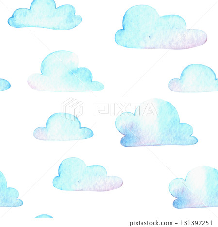 Seamless pattern with cute clouds. Watercolor print for kids. 131397251