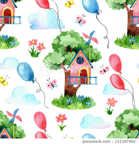 Seamless pattern with cute tree houses. Watercolor illustration for children 131397402