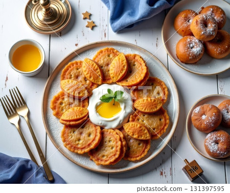 Hanukkah: Latkes and Sufganiyot. Traditional fried treats 131397595