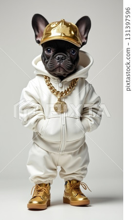 A fashionable puppy dressed in a white tracksuit with gold shoes and accessories stands with a proud posture. The setting is simple, focusing on the style and flair of the outfit. 131397596