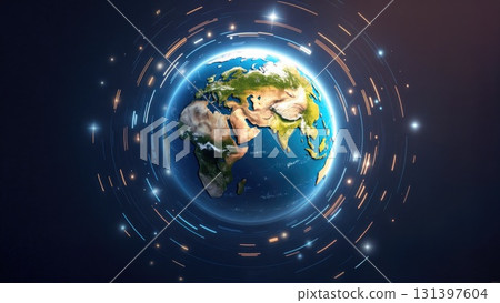 A stunning digital art piece depicts Earth surrounded by glowing lines and sparkles, representing global connectivity and movement. The focus is on the continents and oceans. 131397604