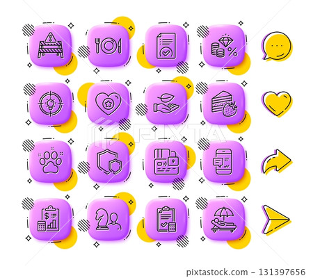 Heart, Shields and Money tax line icons. App 3d buttons. Social media comment, share, like icons. Pack of Warning road, Leaf, Accounting checklist icon. Report, Card, Pet friendly pictogram. Vector 131397656
