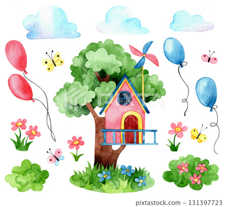 Cute watercolor illustration of a tree house, balloons, and flowers. Collection of clip art for kids Cute watercolor illustration of a tree house, balloons, and flowers. Collection of clip art for kids 131397723