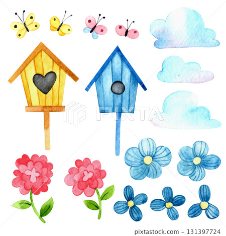 Cute watercolor illustration of birdhouses and spring flowers. A collection of clip art for kids. 131397724
