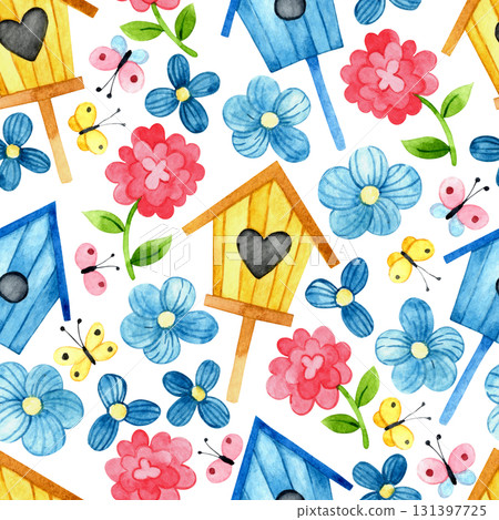 Seamless pattern with birdhouses and spring flowers. Cute watercolor print for kids. Seamless pattern with birdhouses and spring flowers. Cute watercolor print for kids. 131397725