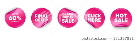 Discount tag sticker tag. Click here, Black friday paper price banners. Up to 60 percent off sale. Discount offer price sign. Special offer symbol. Save 60 percentages. Hot sale sticker. Vector Discount tag sticker tag. Click here, Black friday paper price banners. Up to 60 percent off sale. Discount offer price sign. Special offer symbol. Save 60 percentages. Hot sale sticker. Vector 131397851