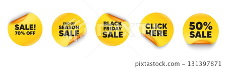 Sale sticker tag. 50 percent discount, Black friday paper price banners. Sale 70 percent off discount. Promotion price offer sign. Retail badge symbol. Click here sticker. Vector 131397871