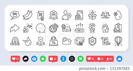 Delete user, Mobile inventory and Voice wave line icons pack. Social media: share, comment, like icons. Engineering team, Gift dream, Medical prescription web icon. Vector 131397885