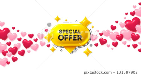 Special offer love banner with 3d hearts. Flying hearts background. Special offer 3d bubble banner. Yellow chat text box. Price tag icon. Valentines day greeting card. Vector 131397902