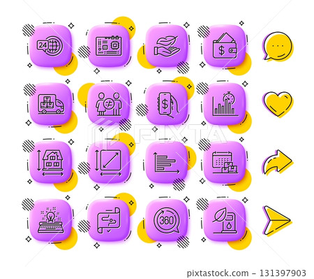 Delivery calendar, Horizontal chart and House dimension line icons. App 3d buttons. Social media comment, share, like icons. Pack of Square area, Discrimination, Target path icon. Vector 131397903