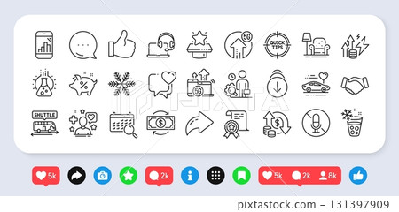 No microphone, Winner podium and Chemistry lab line icons pack. Social media: share, comment, like icons. Snowflake, Certificate, Handshake web icon. Like, Scroll down, Ice maker pictogram. Vector 131397909