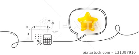 Annual tax line icon. Continuous line with 3d star. Calculate tax rate sign. Payroll report symbol. 3d star in speech bubble. Annual tax single line ribbon. Loop curve pattern. Vector 131397910
