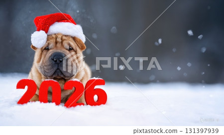 A playful dog wearing a festive Santa hat sits in the snow, surrounded by red numbers indicating the year 2026, creating a joyful winter scene. A playful dog wearing a festive Santa hat sits in the snow, surrounded by red numbers indicating the year 2026, creating a joyful winter scene. 131397939