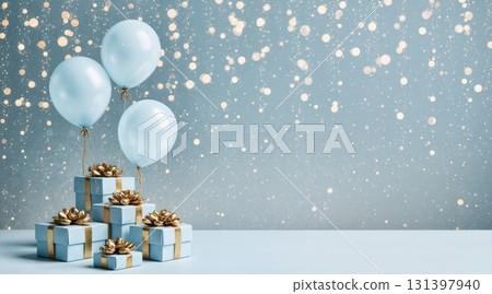 Bright blue balloons float above neatly arranged gift boxes with gold accents. The shiny background adds to the joyful ambiance, perfect for a birthday or party celebration. 131397940