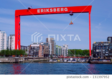 Eriksberg area on Hisingen in Gothenburg, former shipyard with big gantry crane near Alvsborg bridge, Sweden, sunny summer day 131397952