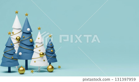 3D Christmas trees in blue and white with gold stars and ornaments on a pastel background. 131397959