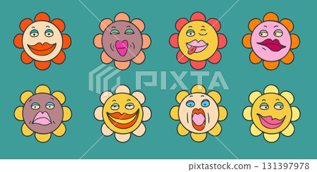 Groovy Daisies with Funny Faces on Teal Background 131397978