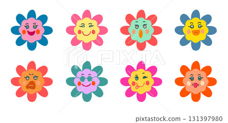 Colorful Groovy Daisies with Kawaii Faces on White Colorful Groovy Daisies with Kawaii Faces on White 131397980