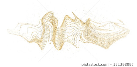 Golden curved dashed gradient net with small particles. Dynamic golden waves. Abstract stipple flow, shine undulate pattern. Vector holiday dotted flying particles 131398095