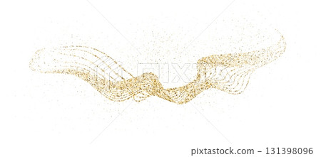 Golden curved dashed gradient net. Dynamic golden waves with small shimmer particles. Abstract stipple flow, shine undulate pattern. Vector dotted flying particles background for holiday design 131398096