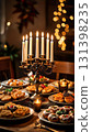 Warm Menorah Light: Festive Hanukkah Table with Treats 131398235