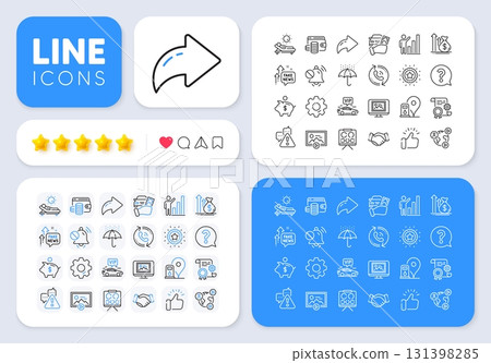 Photo thumbnail, Mute sound and Question mark line icons for web app. Message, Share, Like social media icons. Pack of Start presentation, Vision board, Warning pictogram icons. Vector 131398285