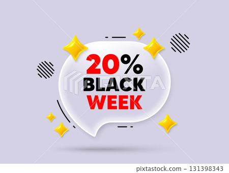 Black week chat speech bubble. Social media concept. Black week 20 percent sale. Special discount sign. Black friday offer symbol. 3d sparkles chat bubble. Vector 131398343