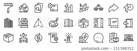 Open door, Inspect and Antistatic line icons pack. Share, Message, Paper plane icons. Energy price, Entrance, Warning briefcase web icon. Car charging, Square area, Parcel shipping pictogram. Vector Open door, Inspect and Antistatic line icons pack. Share, Message, Paper plane icons. Energy price, Entrance, Warning briefcase web icon. Car charging, Square area, Parcel shipping pictogram. Vector 131398352