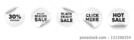 Discount sticker tag. Season sale, Black friday paper price banners. 30 percent discount tag. Sale offer price sign. Special offer symbol. Click here sticker. Vector 131398354