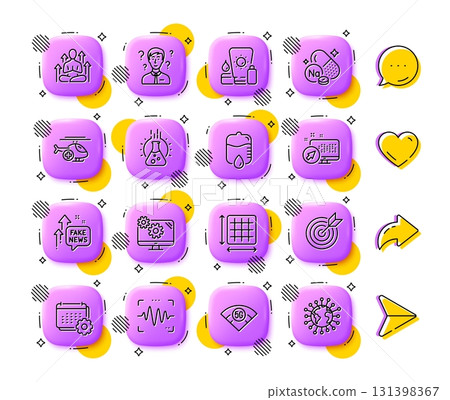 Support consultant, Target purpose and Calendar line icons. App 3d buttons. Social media comment, share, like icons. Pack of Fake news, Sodium mineral, Drop counter icon. Vector 131398367