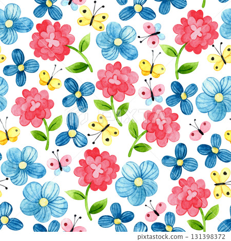 Seamless pattern with wildflowers and butterflies. Cute watercolor cartoon print. Seamless pattern with wildflowers and butterflies. Cute watercolor cartoon print. 131398372