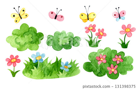 Cute watercolor illustration. Set of grass and flowers, meadow and butterflies. 131398375