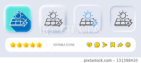 Solar panels line icon. Neumorphic, Flat shadow, 3d buttons. Electricity sun energy sign. Lightning bolt symbol. Line solar panels icon. Social media icons. Vector 131398410