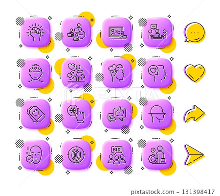 Romantic talk, Health skin and Empower line icons. App 3d buttons. Social media comment, share, like icons. Pack of Like, Fingerprint, People chatting icon. Vector 131398417