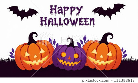Festive Halloween decorations display three vibrant pumpkins, two with grinning faces and one in purple, alongside fluttering bats. The scene captures the spooky spirit of the holiday. Festive Halloween decorations display three vibrant pumpkins, two with grinning faces and one in purple, alongside fluttering bats. The scene captures the spooky spirit of the holiday. 131398612