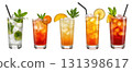 A variety of colorful cocktails are presented with clear glasses filled with ice. Each drink features different fruits and mint for garnish, creating a vibrant summer feel. 131398617