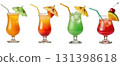 Four tropical cocktails display vibrant hues from yellow to red, each served in elegant glasses with fun umbrellas and straws, perfect for a summer gathering or celebration 131398618