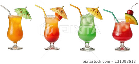 Four tropical cocktails display vibrant hues from yellow to red, each served in elegant glasses with fun umbrellas and straws, perfect for a summer gathering or celebration 131398618