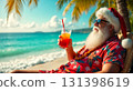 Santa is relaxing on a beach chair, wearing sunglasses and a festive hat while sipping a vibrant drink. The ocean waves and palm trees create a perfect tropical setting. 131398619