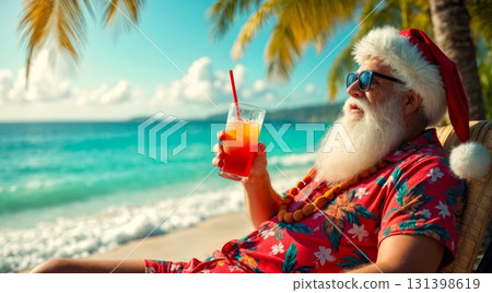 Santa is relaxing on a beach chair, wearing sunglasses and a festive hat while sipping a vibrant drink. The ocean waves and palm trees create a perfect tropical setting. 131398619