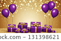 A collection of purple gift boxes is arranged with golden bows and purple balloons, creating a cheerful atmosphere for a celebration or party in a festive setting. 131398621