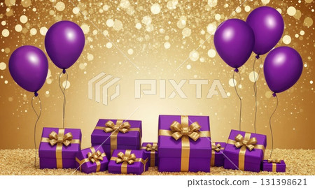 A collection of purple gift boxes is arranged with golden bows and purple balloons, creating a cheerful atmosphere for a celebration or party in a festive setting. 131398621