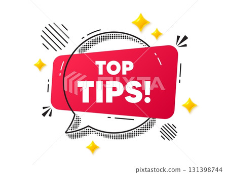 Top tips chat speech bubble. Social media concept. Top tips tag. Education faq sign. Best help assistance. Red chat message. Offer speech bubble. Glare 3d stars. Vector 131398744